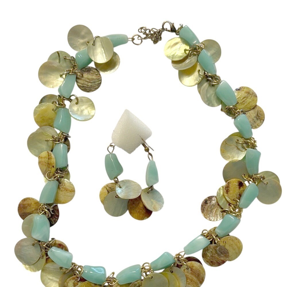 Bohemian Shell & Teal Nugget Jewelry Set Necklace Earrings Coastal Gold Tone